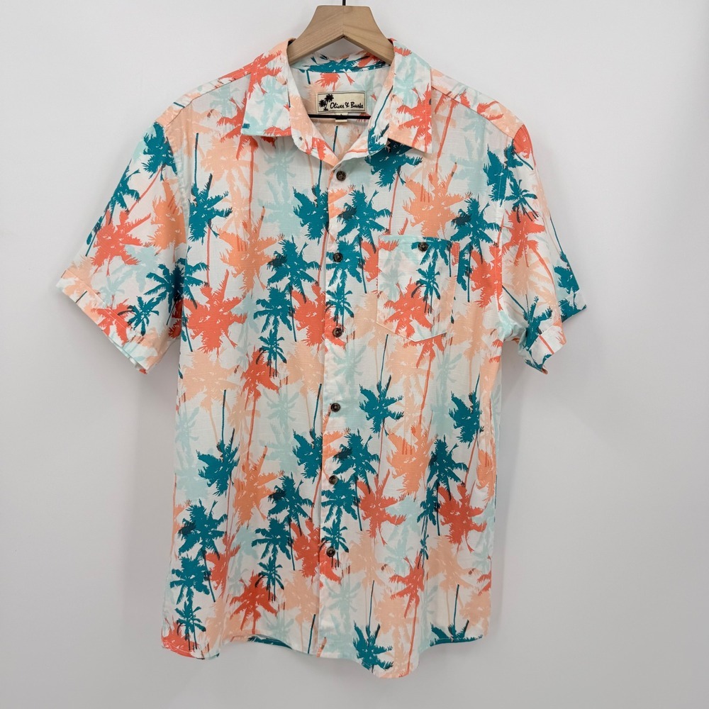 Oliver & Burke Hawaiian Palm Shirt Mens L Tropical Beach Resort Vacation Summer
